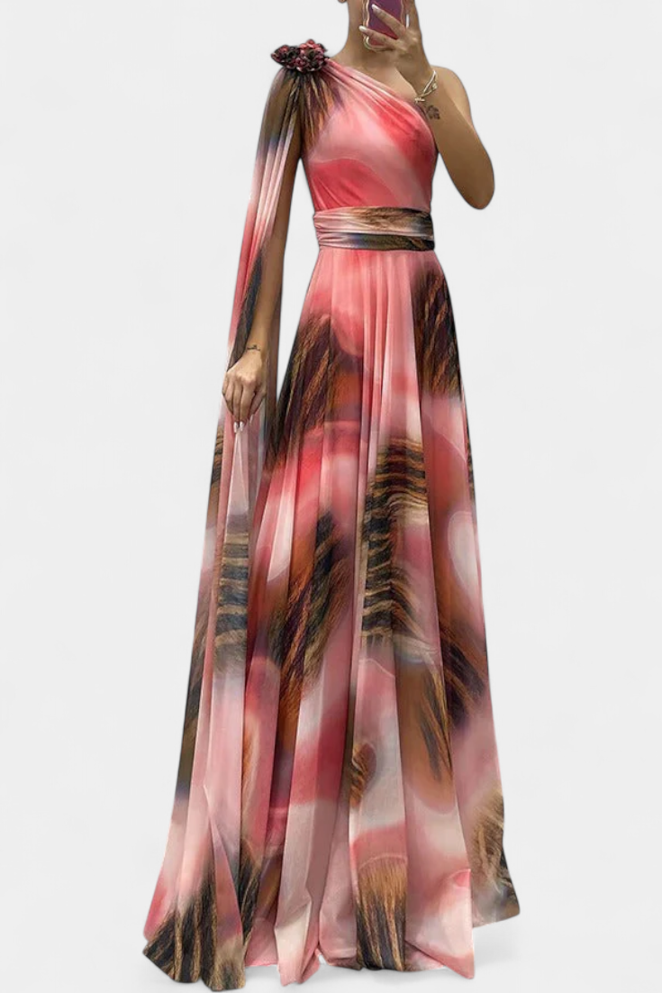 Cedara Vestido Largo de Un Hombro con Detalle Floral