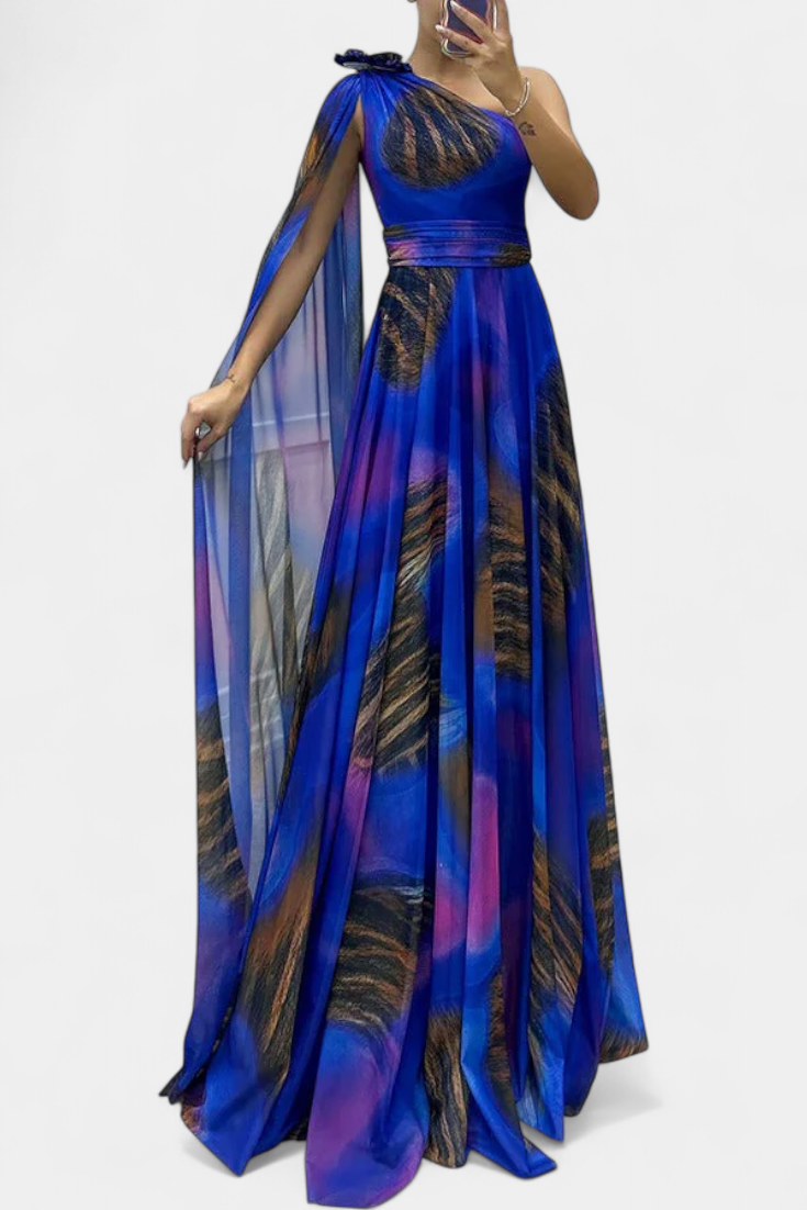 Cedara Vestido Largo de Un Hombro con Detalle Floral