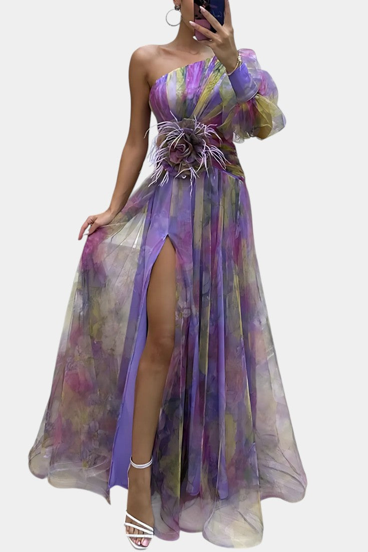 Amelie Vestido Maxi Asimétrico de Un Hombro con Estampado Artístico