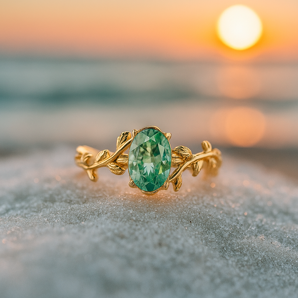 Smaragdwind – anillo de oro con ágata verde y motivo de hojas