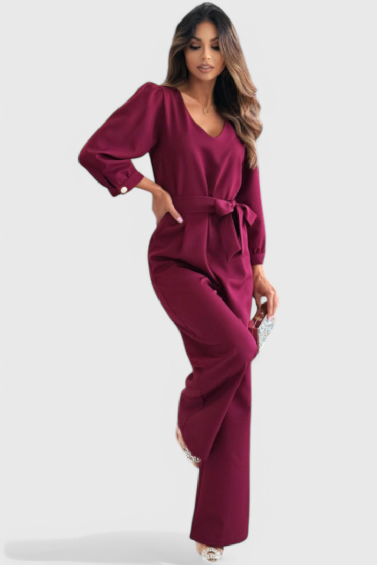 Ariane Mono de Pierna Ancha con Escote en V y Cintura con Lazo