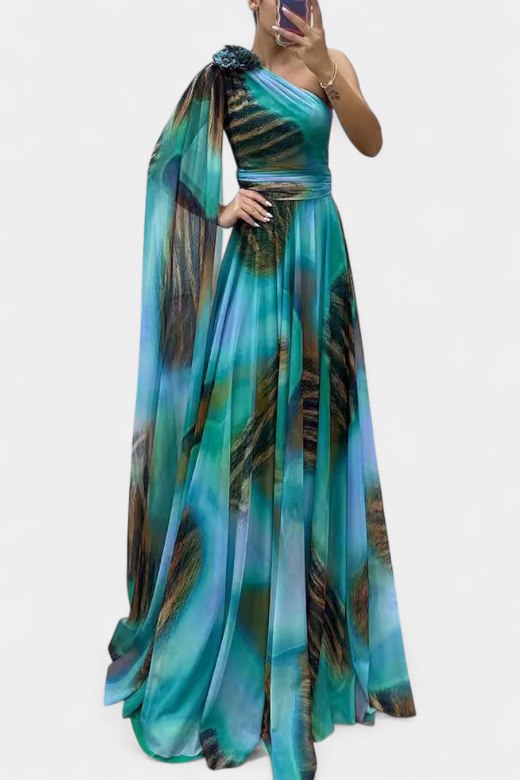 Cedara Vestido Largo de Un Hombro con Detalle Floral