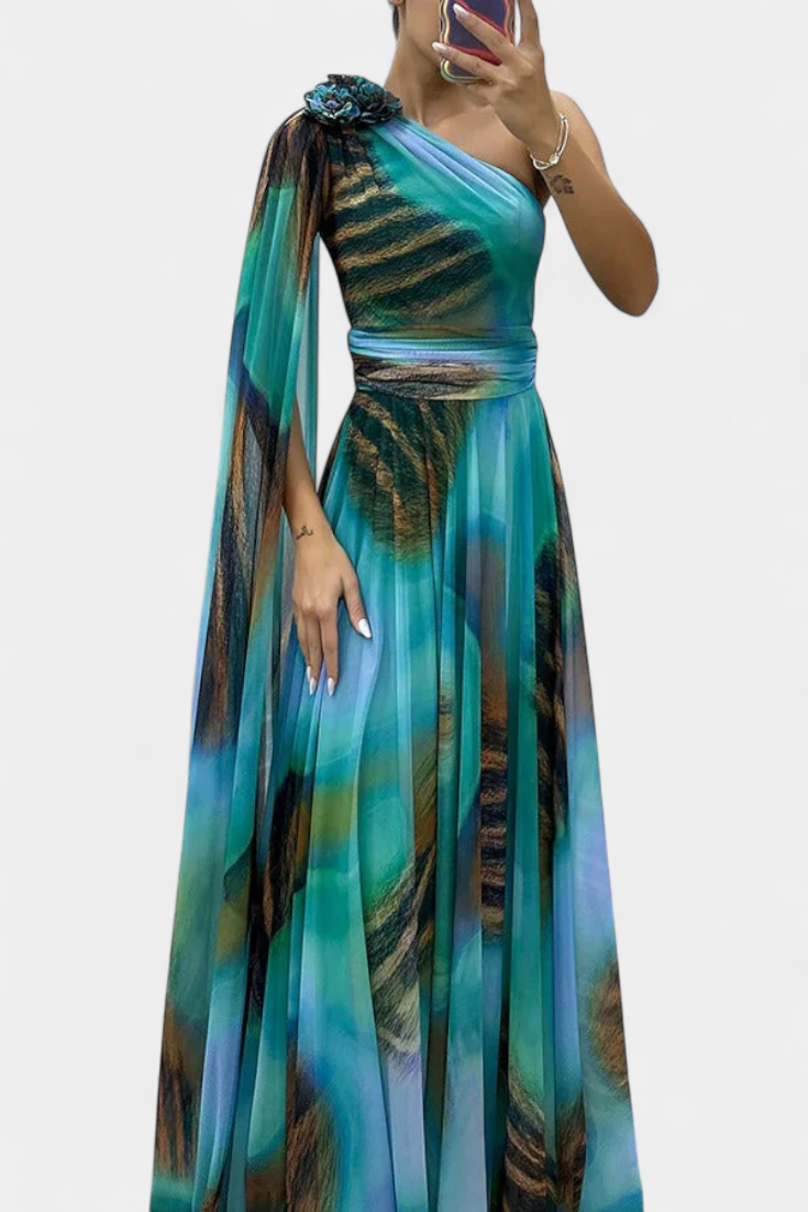 Cedara Vestido Largo de Un Hombro con Detalle Floral