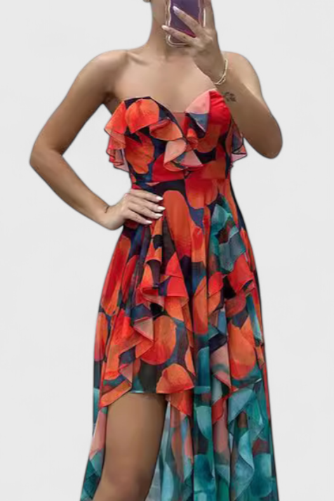 Andy Vestido Maxi Sin Mangas con Capas de Volantes y Abertura Gradiente