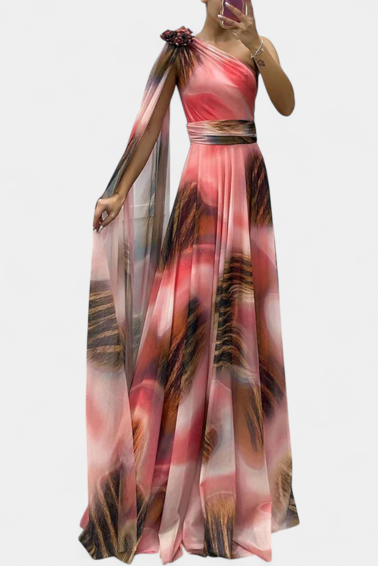 Cedara Vestido Largo de Un Hombro con Detalle Floral